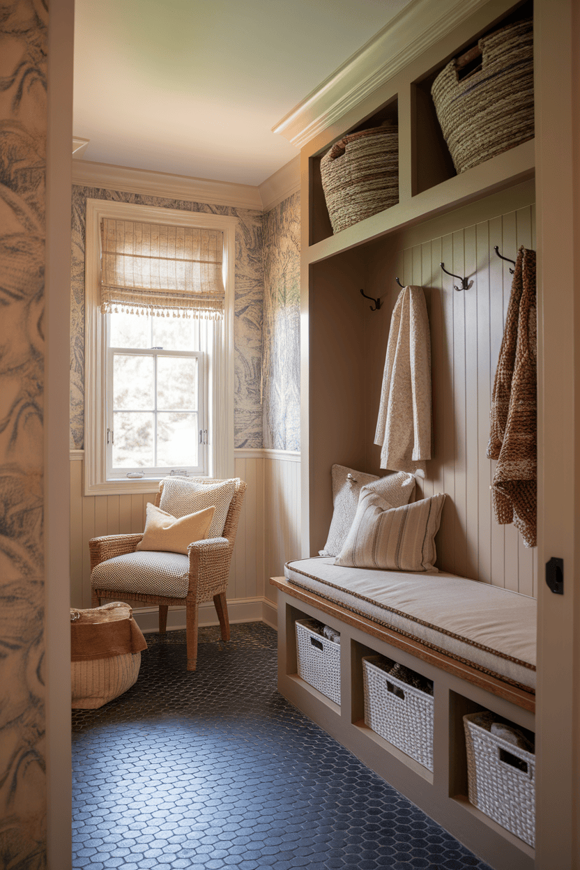 Cozy mud room with a bench, pillow and warehouse baskets