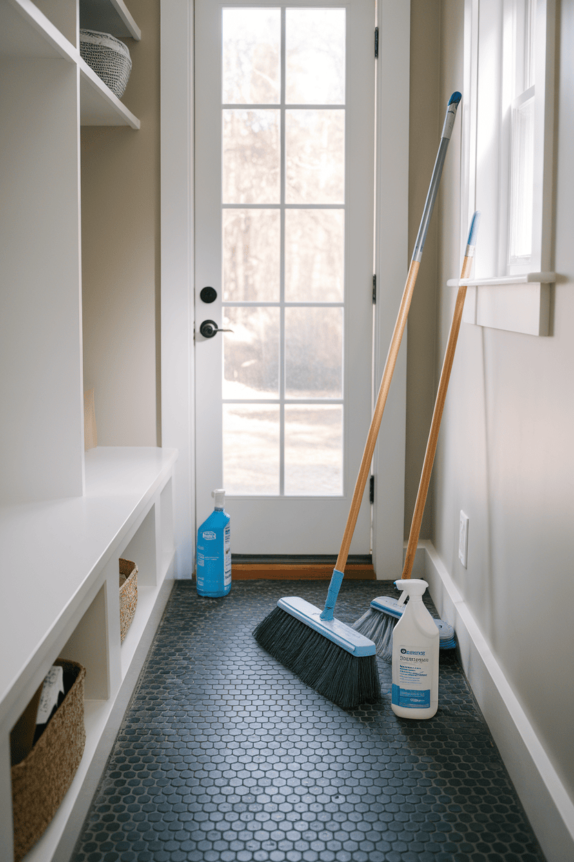 A person who cleans Penny Tile Floors in a light, organized room.