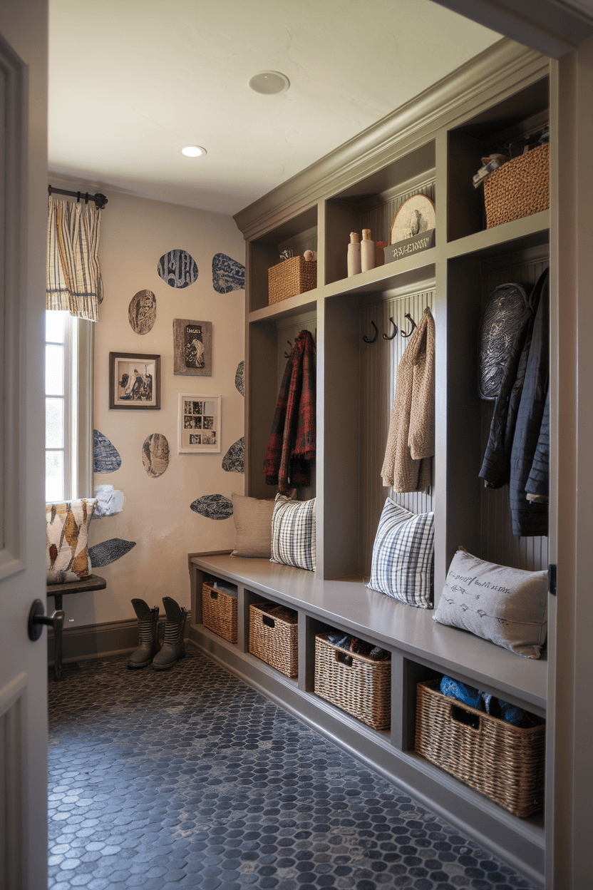 A cozy mud room with storage, hooks and decorative elements.