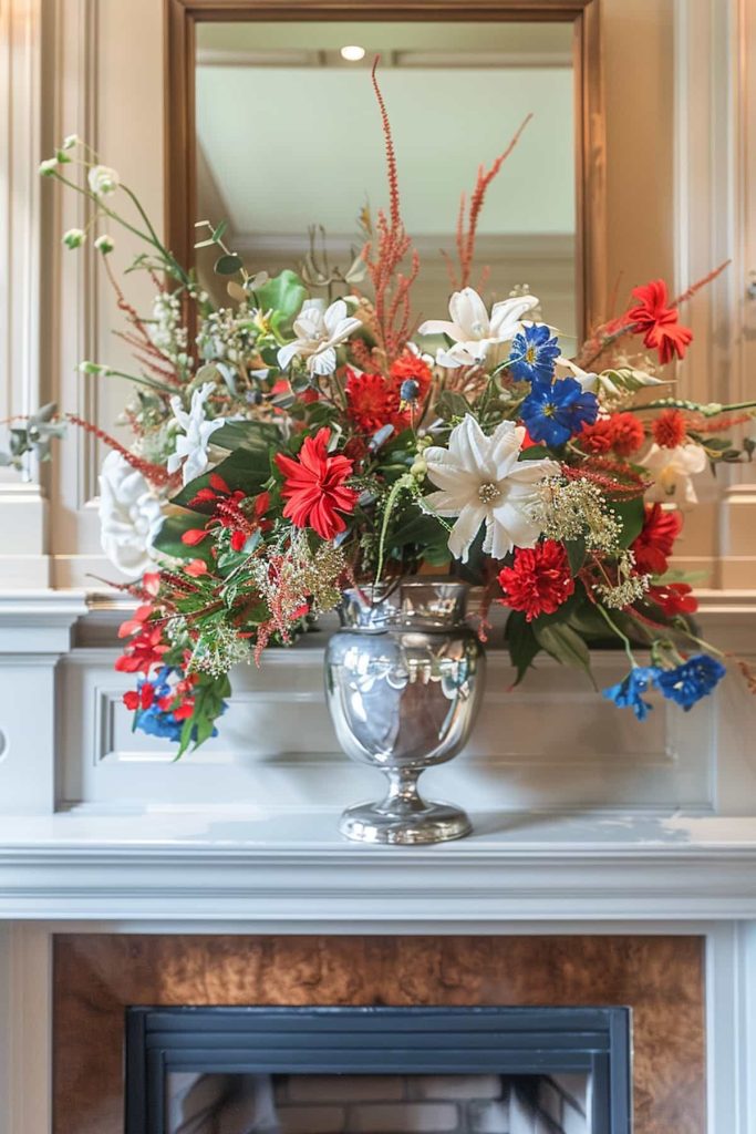 A large silver vase filled with a lively bouquet of red, white and blue flowers, including daisy and cloves, is located on a chamam in an elegantly furnished room with a large mirror in the background.