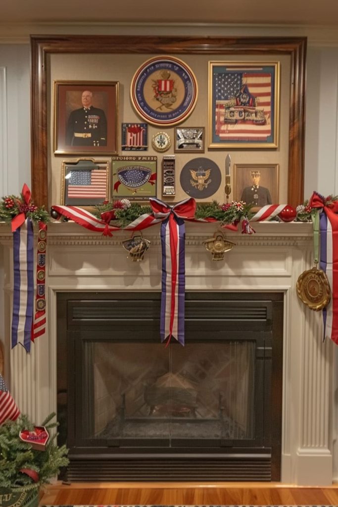 A decorated chimney coat that shows military memorabilia. Contains framed portraits, medals, patches and flags. Decorated with festive red, white and blue ribbons and Christmas green. A large framed photo of a uniformed man is displayed.