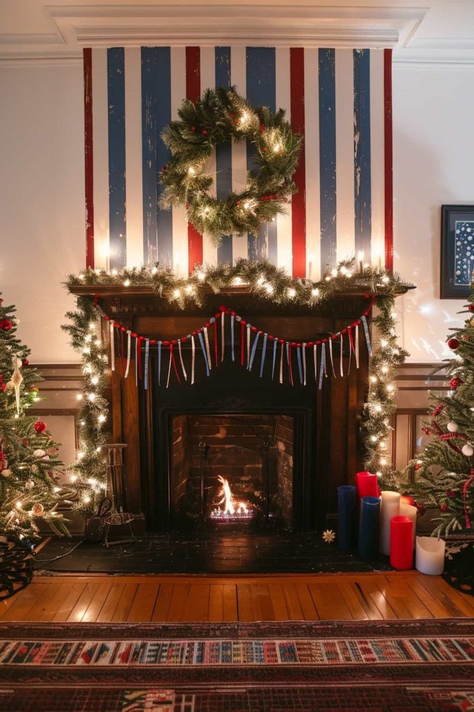 A fireplace that is decorated with festive garlands and sparkling lights is flanked by two decorated Christmas trees. A large wreath with a striped background hangs in red, white and blue above the fireplace.