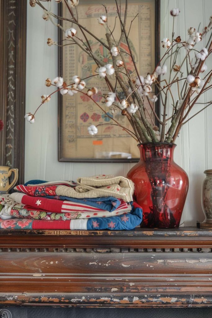 An arrangement of cotton branches in a red glass vase sits on a wooden shelf. In addition to the vase, there is a neatly folded stack of colorful quilts and blankets. In the background, a framed pressure decorates the wall with a vintage design.