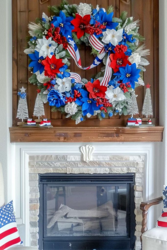 A festive wreath, which is decorated with red, white and blue flowers, ribbons and stars, hangs over a fireplace. The coat has miniature Christmas trees, snowmen and a decor with a patriotic topic. An armchair with an American flag pillow is in the corner.