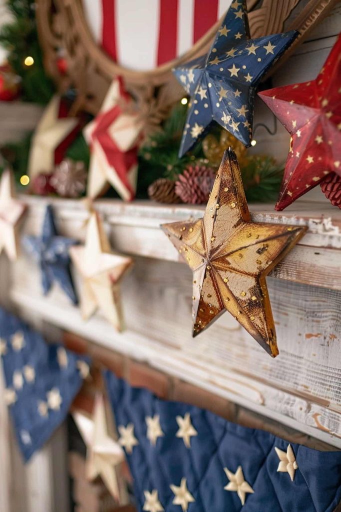 A festive decoration with wooden star in red, white and blue with golden accents that hang in front of a rustic wooden backdrop. The setting contains green, tinnecones and a quilted banner with stars.