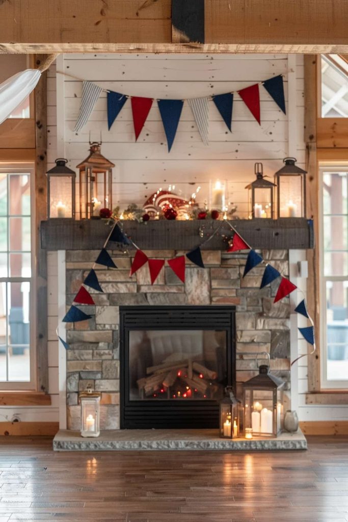 A stone fireplace that is decorated with festive red, white and blue stem and fairy lights. The coat is decorated with lanterns, candles and Christmas decorations. The room has wooden floors and large windows.