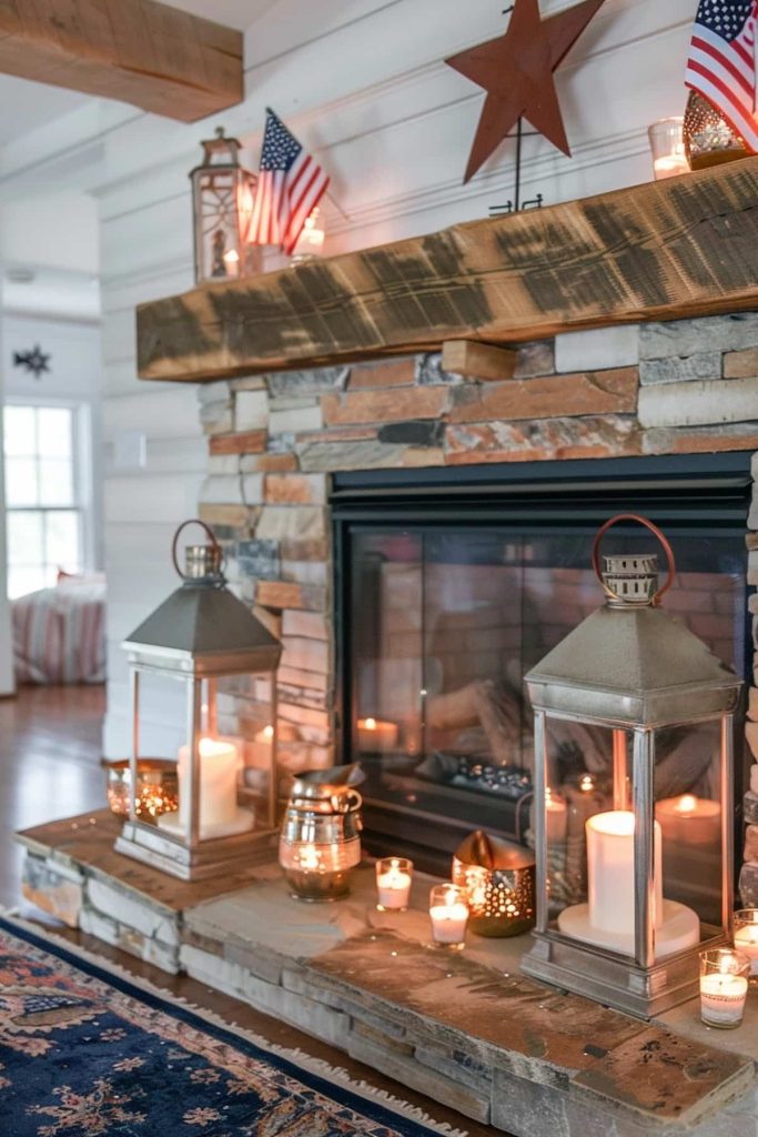 A fireplace with a stone environment and a wooden coat is decorated with two large lanterns containing illuminated candles. Smaller candles and patriotic elements such as American flags and star decorations.