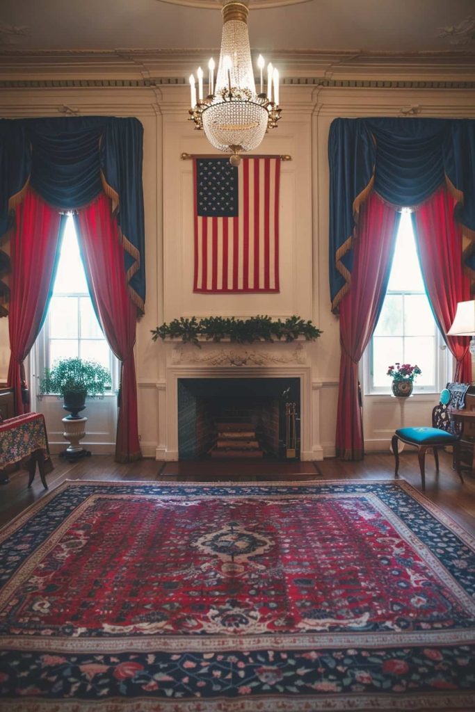 A large room with a large carpet that is decorated with complicated patterns and is centered in front of a fireplace. An American flag hangs over the fireplace. The room has two high windows with blue and red curtains and a chandelier hanging on the ceiling.