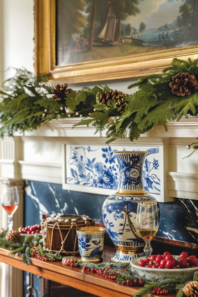 A decorated coat with blue and white ceramic vases, wine glasses, a small drum and red berries. Pine garlands with Tinnecones decorate the coat and a framed painting hangs at the top. 