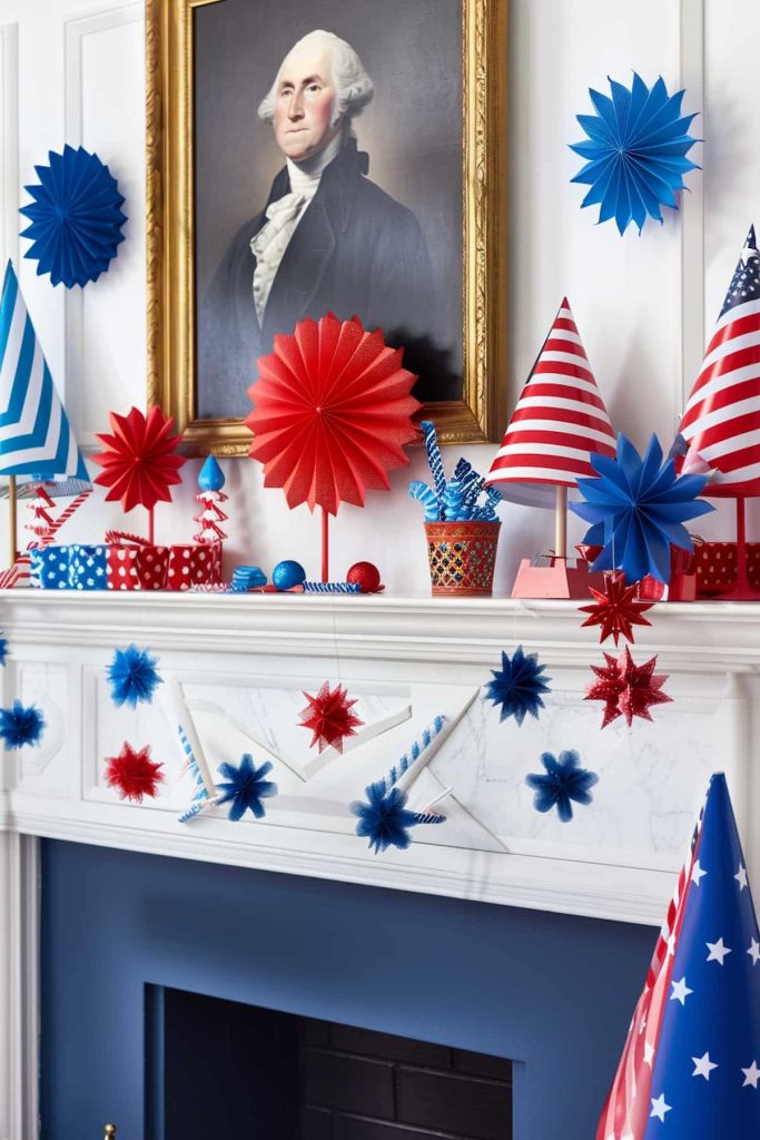 A fireplace that is decorated with red, white and blue patriotic ornaments, including paper stars, flags and garlands. Above the fireplace there is a framed portrait of a historical figure in an elegant gold frame. 