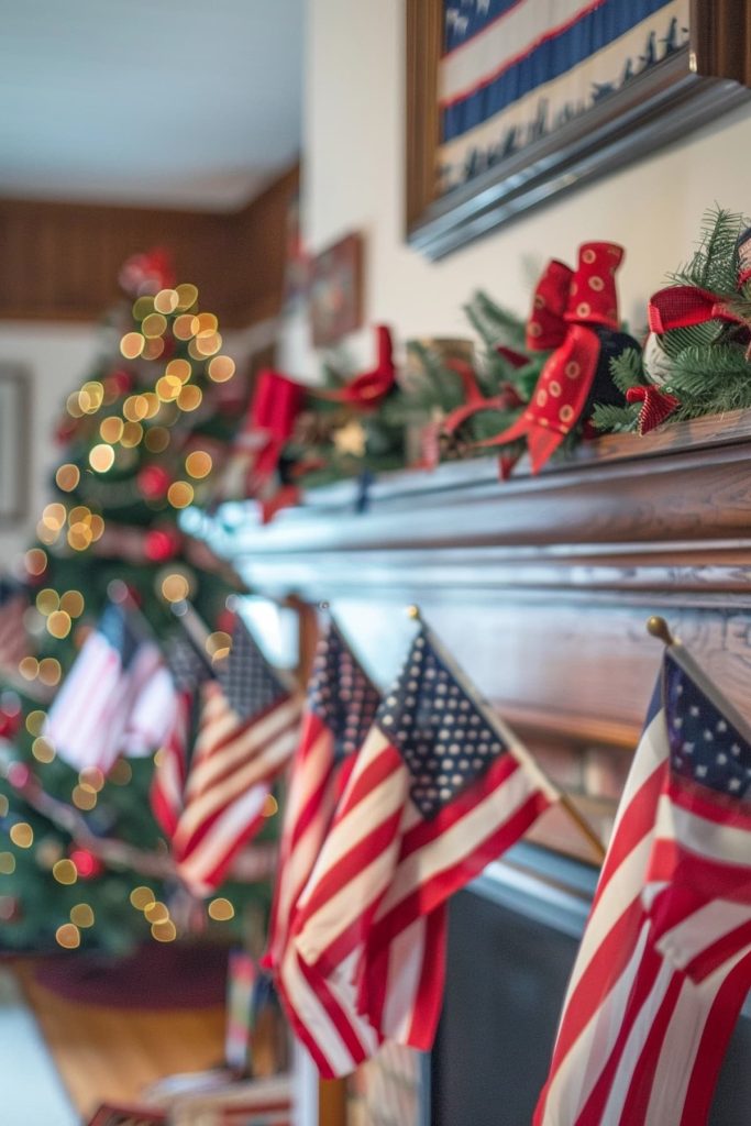 A focused decorated coat with pine branches, red ribbons and small American flags.