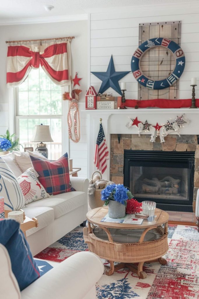 A living room with a fireplace, decorated with Americana Decor. The patriotic elements include a wreath with a flag motif above the chamamins, star accents and red, white and blue pillows. Flowers in blue vases and a rustic wooden table.