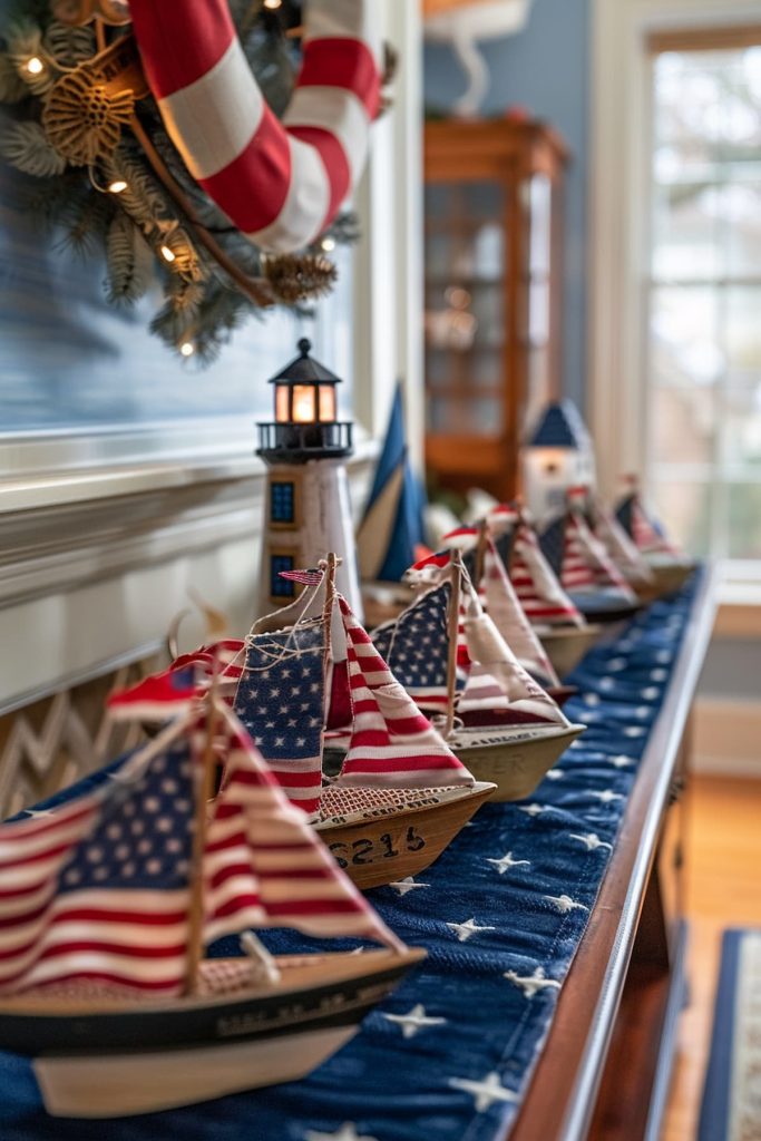 A festive display contains miniature sailing boats with American flags that are draped in a star fabric on a table. A small lighthouse decoration with an illuminated window stands between the boats. A large wreath and a large window can be seen in the background.