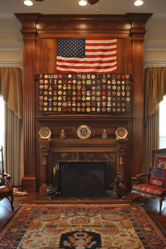 A richly decorated room has a wooden fireplace, which is adorned with a large collection of military deficiency, an American flag and various artifacts. Two armchairs flank the fireplace and a decorated carpet with an eagle design covers the floor.