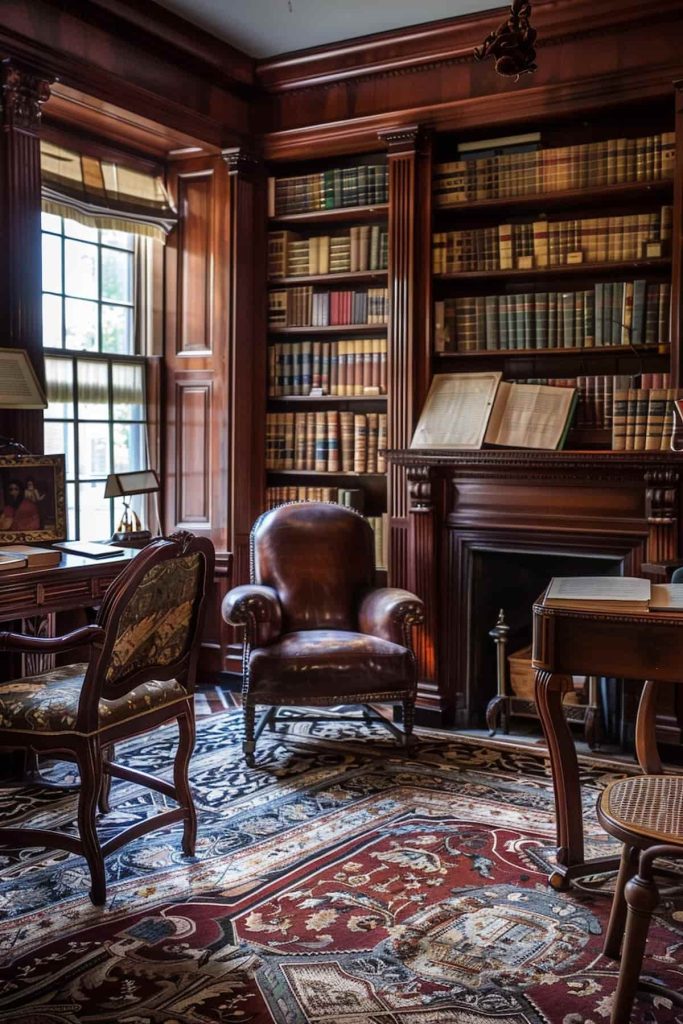 A library has wooden bookshelves that are filled with books, an armchair, a desk with a lamp and a carpet with rich patterns. Natural light flows through a window.