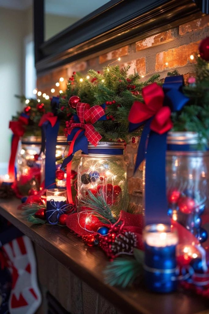 A coat decorated with Christmas decorations with a festive fireplace, including Mason glasses with candles and ornaments. Green, red berries and blue and red ligaments as well as above are soft fairy lights.