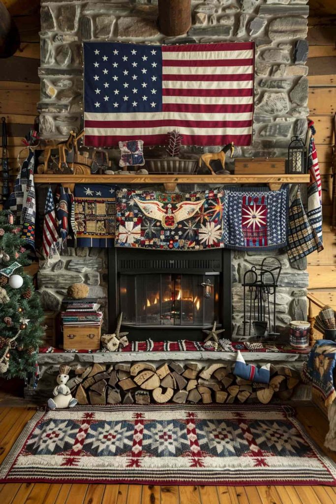 A living room has a stone fireplace that is decorated with a large American flag on the wall. The fireplace is decorated with various Americans. There is a small Christmas tree on the left and a carpet with a star pattern is in front of the fireplace.