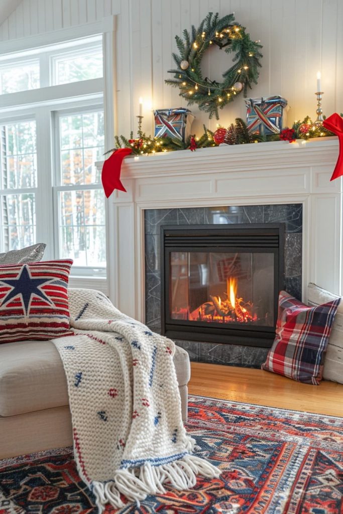 A living room with an illuminated fireplace. The fireplace is decorated with a festive wreath, candles and red loops. A throwing blanket, a star pillow and a patterned carpet can also be seen.