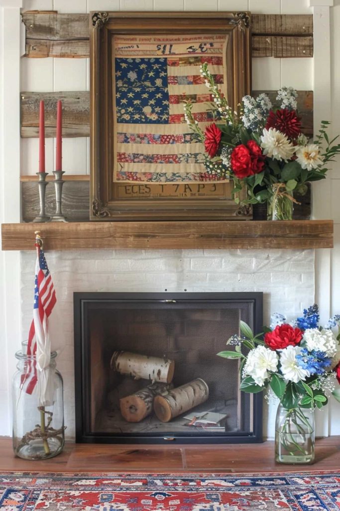 A fireplace coat with patriotic elements. A framed, old American flag is located above the fireplace. The fireplace contains red candles and a flower arrangement with red, white and blue flowers. A large glass with an American flag and birch trunks can be found below.