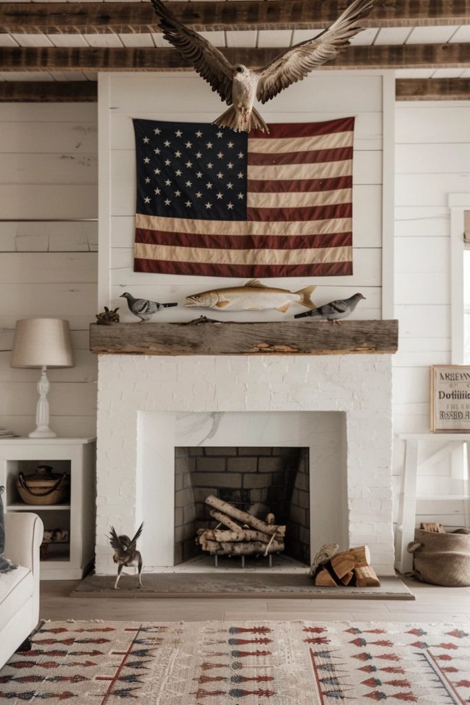 A living room with a white brick fireplace. There is a large American flag and an eagle figure above the fireplace. The fireplace is decorated with bird statues and a decorative fish in the middle. Firewood is stored in modern furniture and patterned carpets complement the room.