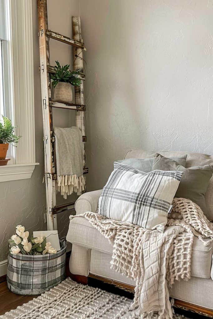 A living room corner with a beige armchair, checked pillow, a knitted litter, a decorative ladder, plants and a checkered basket, filled with white flowers, next to a window with a <a href=