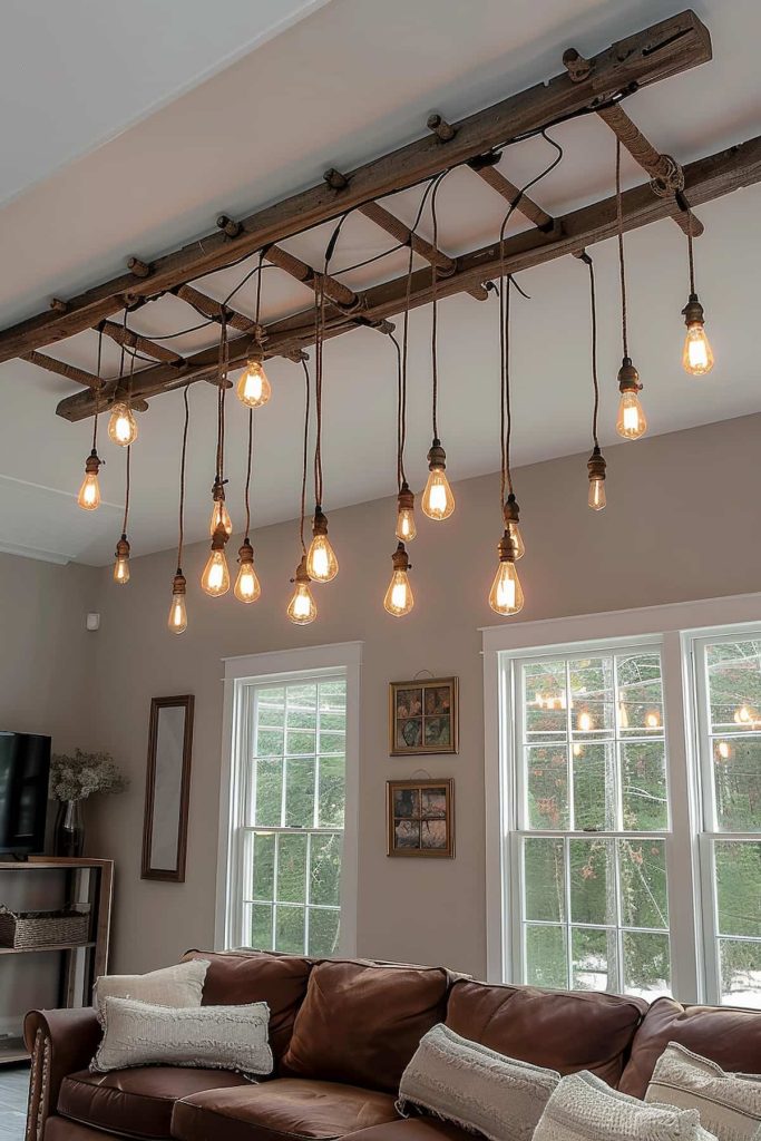 A living room with a brown leather couch, pillow and a rustic wooden ladder chandelier with exposed light bulbs that hang over it. The wall framed pictures and there are large windows in the background.