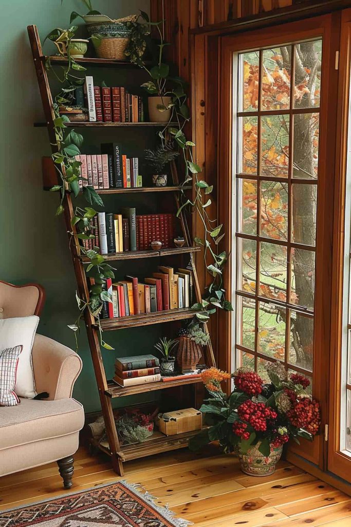 A corner of a house next to a window that is positioned next to a beige armchair is placed with books and novels, <a href=