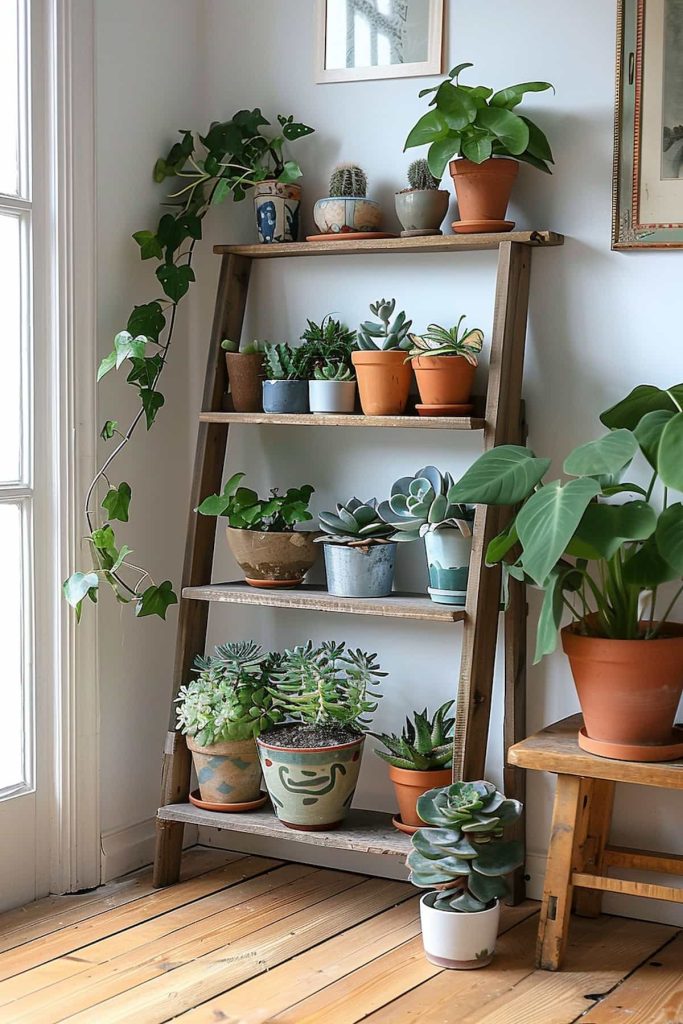 Wood conductor shelf with different potted plants, including succulents and leafy vegetables, stands on a white wall near a window.