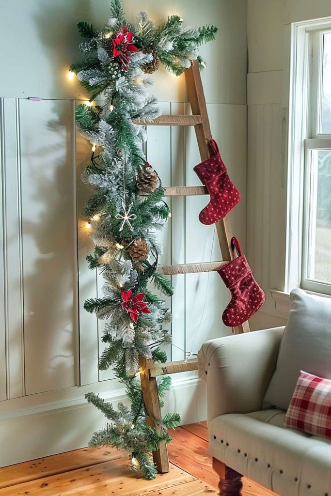 A wooden ladder stands on a white wall, which is decorated with festive garland, pine cones, red flowers and lights. Two red, well -kept Christmas stockings hang from the sprouts. A beige armchair with a gray pillow is nearby on a wooden floor.