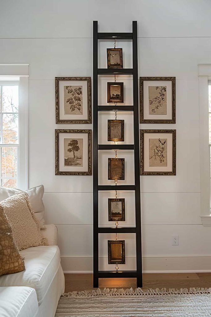 A vertical black ladder, which is used as a decorative photo display, leans against a white wall. Small, framed photographs hang on every sprout. The ladder is flanked by framed botanical prints on both sides. A white sofa with beige pillow is in the lower left corner.