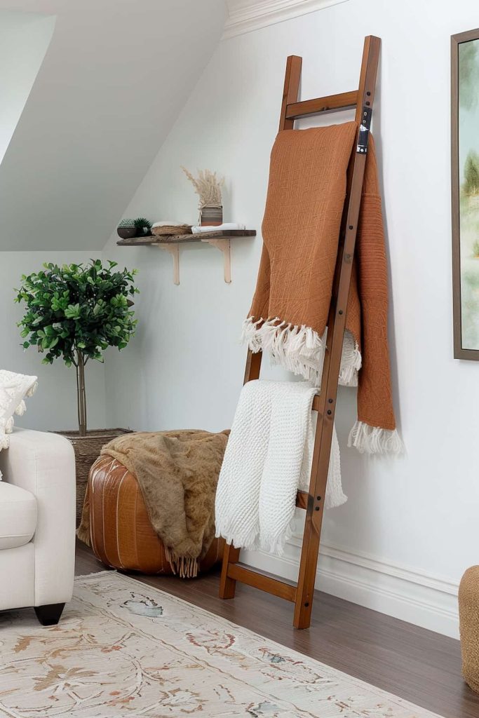 A living room corner has a wooden ceiling with a rust -colored ceiling and a white ceiling that is draped over it. Nearby can be seen a potted plant on the floor, a white couch, a wall shelf with decorative objects and part of a painted work of art.