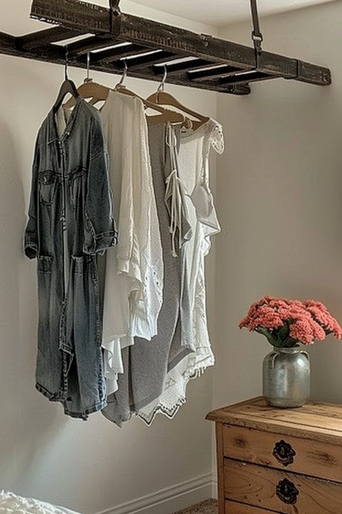 A rustic wooden ladder hangs horizontally on the ceiling and is used as a clothing stand. Various clothing on clothes are displayed, including a denim dress and light clothing. At the bottom, a wooden box holds a vase with living pink flowers.