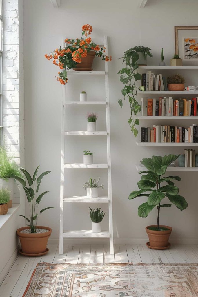 A bright, airy room has a white, five -stage conductor shelf with various small plants and decorations, including orange flowers above. Nearby is a bookshelf with books and framed art as well as larger potted plants on the floor.