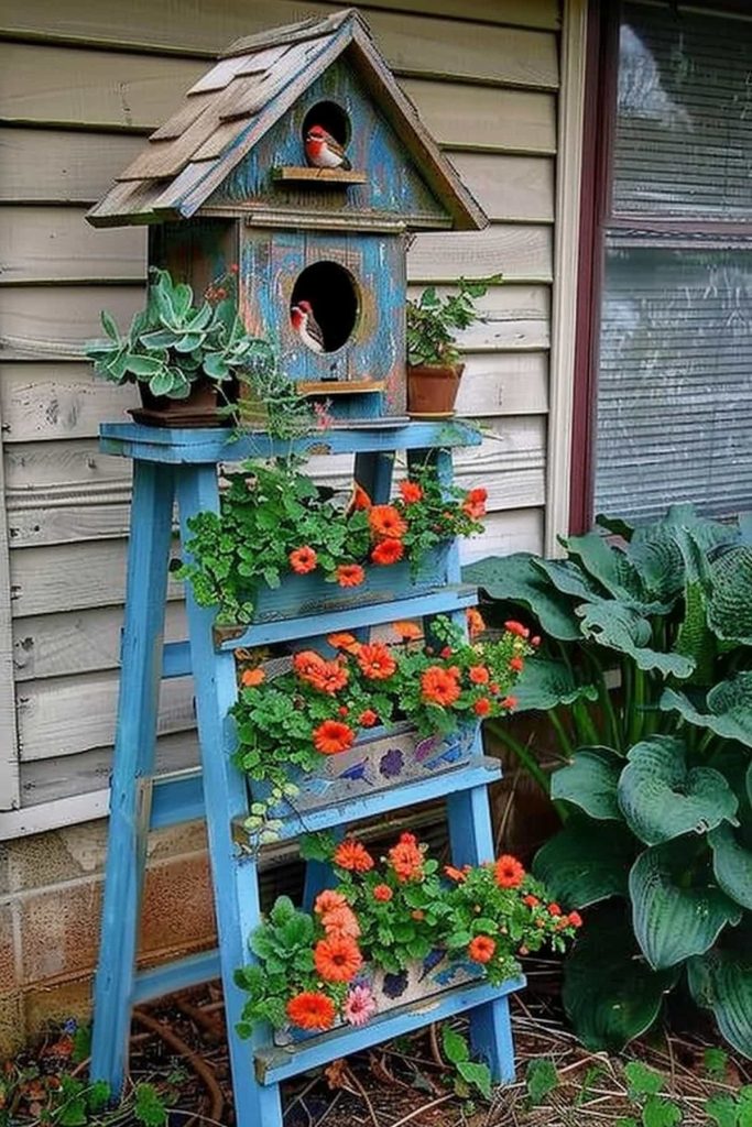 A blue wooden ladder is converted into a graded plant stand with three shelves, each with lively orange flowers and green. At the top there is a rustic bird house with a red bird that sprayed out. The setup is placed against the outer wall of a house.