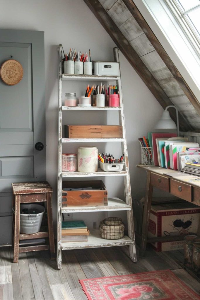 A loft room with a sloping ceiling has a leader leader shelf with art requirements, including brushes and containers. There is a wooden chair next to it, a desk in vintage style on the right side and a colorful carpet on the wooden floor. Natural light flows from a skylight.