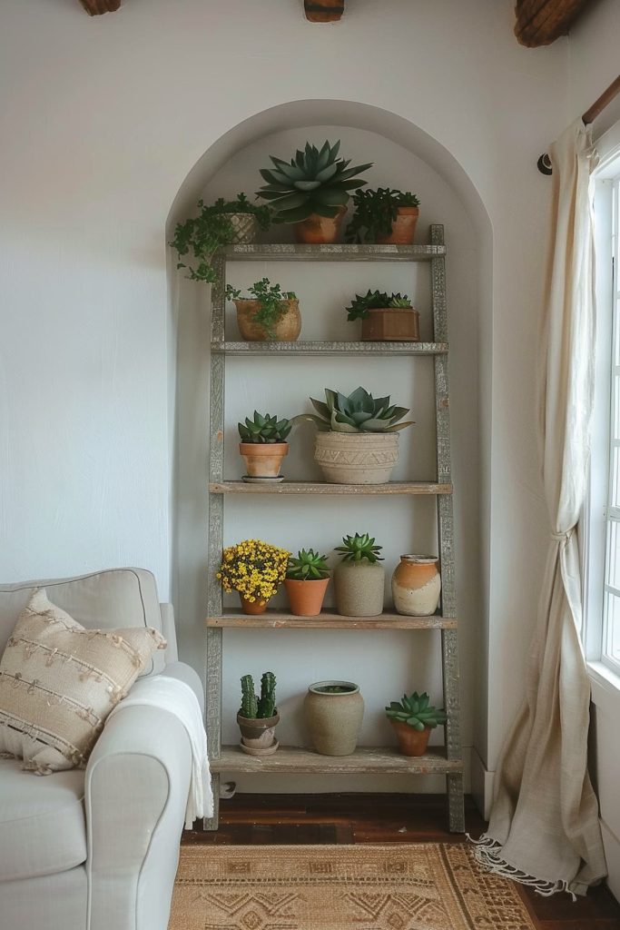 Wood conductor shelf with different potted plants, including succulents and leafy vegetables, stands on a white wall near a window.