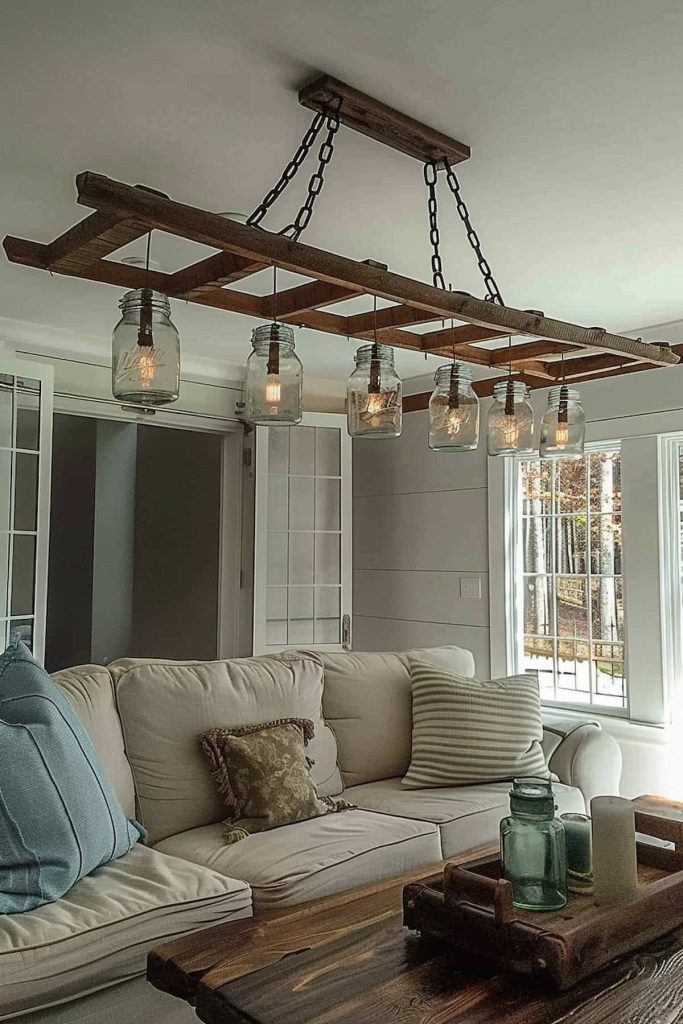 A living room has a beige sofa with patterned pillows and a rustic coffee table. Overhead hangs a unique wooden lamp with masong glasses on chains. Large white windows and white doors can be seen.