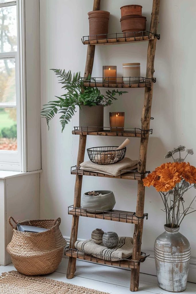 A wooden conductor shelf stands on a white wall. It contains potted plants, candles and small pot flowers and creates a cozy, rustic aesthetics. Nearby a woven basket and a large vase with orange flowers give decorative details. A window in the left corner leaves natural light.