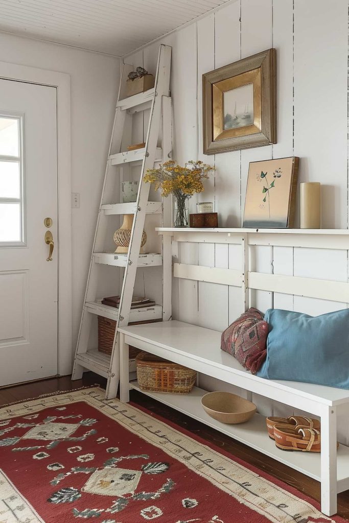 A rustic entrance with white wooden walls, a white door with glass windows, wall art and a bright wooden ladder shelf, the cork basket and a vase with yellow flowers. A woven basket and a red patterned carpet decorate the room under a white bank.