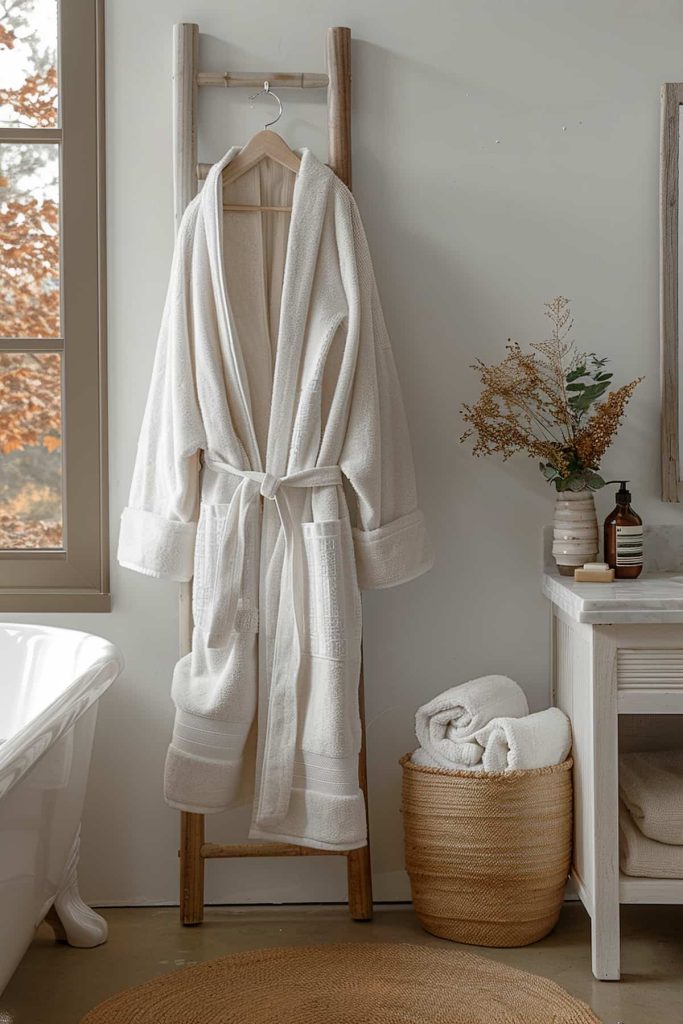 A white bathrobe hangs on a wooden ladder in a warmly lit bathroom. Nearby, a basket basket holds on rolled white towels next to a worktop with a vase made of dried flowers, a mirror and a bottle of liquid soap. A bathtub is visible in the foreground.