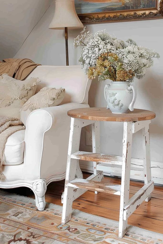 A living room corner with a white padded armchair with beige throwing blanket. In addition, there is a rustic wooden boot stool that is used as a side table and holds a white and light green flower vase that is filled with delicate white flowers. A carpet is on the wooden floor.