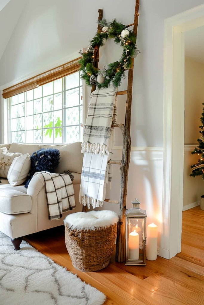 A living room corner with a white couch, a large window and a rustic ladder that is decorated with festive green and checkered ceilings. A basket with a white pillow sits on the floor next to a metal lantern with sparkling candles. A Christmas tree is visible in the adjacent room.