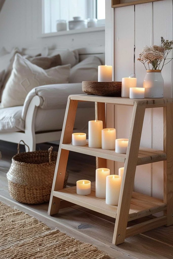 A living room scene with a wooden stepping stool, which has several white candles on every step. Next to the chair is a woven basket on a wooden floor with a white couch and plush cushion in the background under a gently lit window.