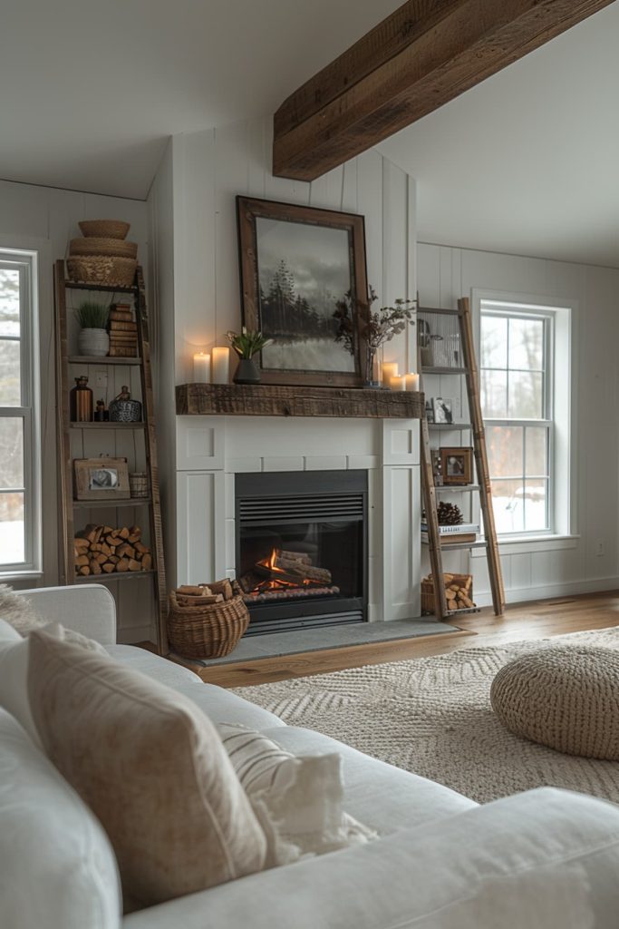 A living room with an illuminated fireplace, white shipap walls and wooden ceiling beams. A large, soft white couch looks like the fireplace. The shelves on both sides stop books and decor, and there are large windows that let in natural light.