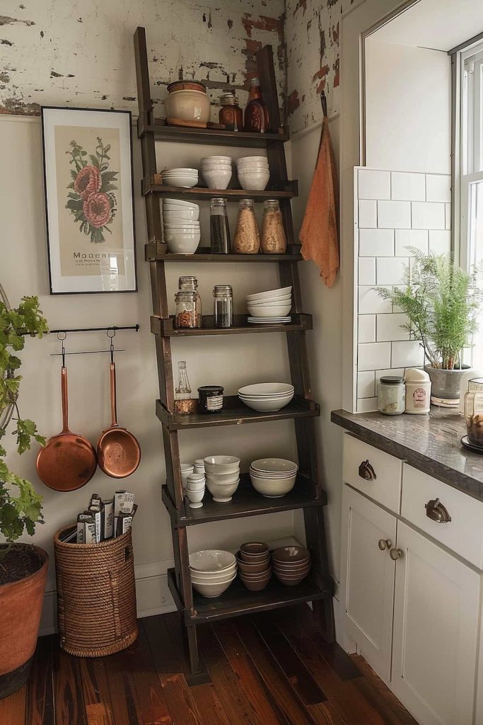 A rustic kitchen corner with a dark shelf in paralyzing bowls with white bowls, glasses and decorative objects. Copper pots hang on the wall while there is a large potted plant next to the shelf. White cupboards and a tiled back splash next to it.