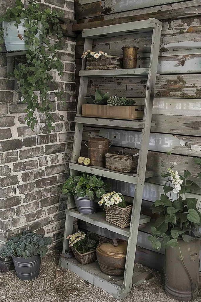 A rustic wooden conductor shelf contains various potted plants, including succulents and small flowering plants. The shelf is located in a cozy outer space with additional hanging plants and garden accessories against brick and wooden wall.