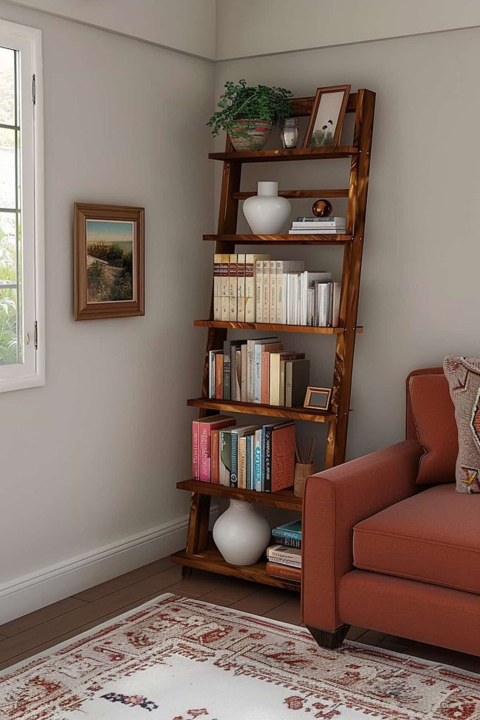 A wooden conductor shelf is in the corner of a living room. It contains books, potted plants and decorative objects. Next to it is a red couch with patterned pillows, and a carpet with a geometric design is on the floor. A window and a framed painting hang on the wall.