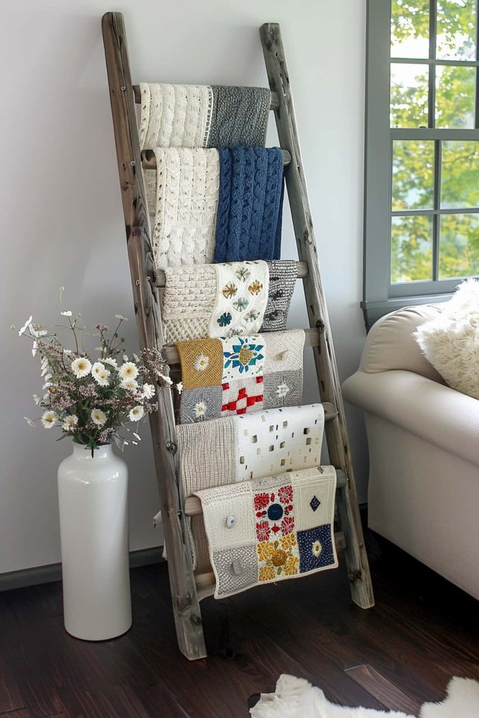 A wooden ladder, which was classified as a ceiling shelf, leans against a wall next to a window. It contains various patterned and colorful knitted ceilings. A high white vase with white and yellow flowers stands on the floor to the left, next to a white sofa with a furry pillow.