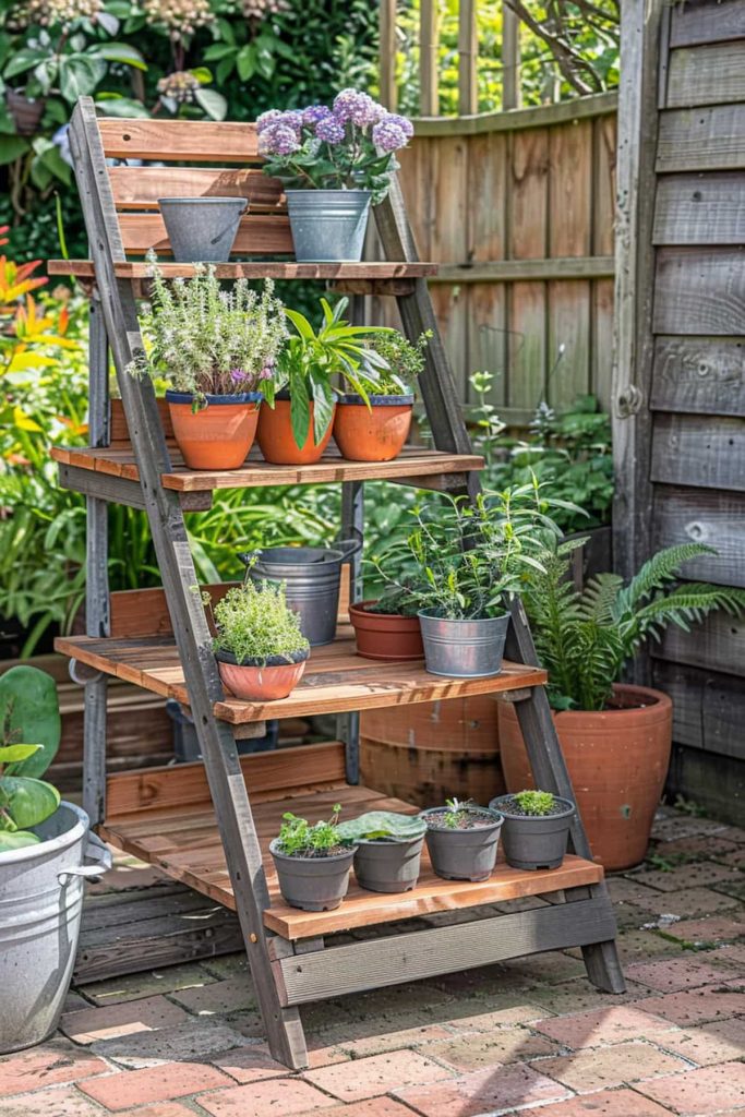 A graded wooden plant with different potted plants is in a garden environment with a wooden fence in the background.