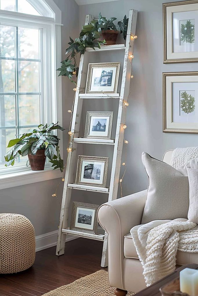 A living room has a white conductor shelf, which is adorned with strainproof and framed photos. A potted plant is located next to a window with a potted plant on the threshold on the shelf. A white armchair with a knitted ceiling is in the foreground.